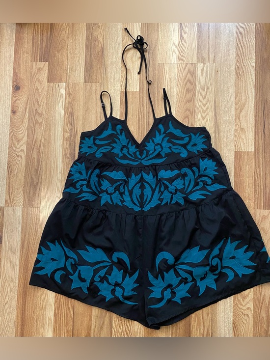 Free People Pants - Free People Black Camisole Romper with Teal Floral Embroidery Size Medium